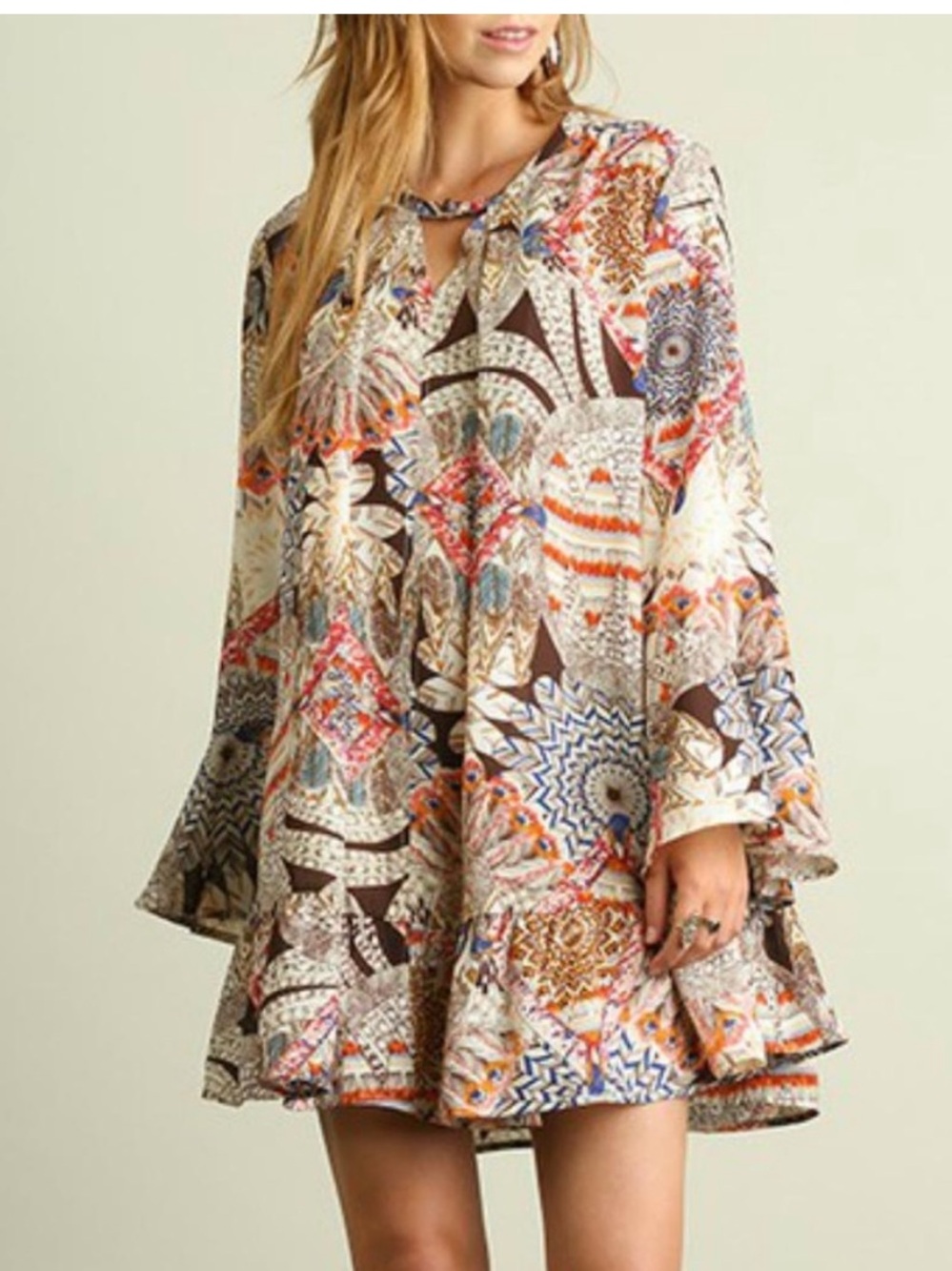 UMGEE long bell sleeve western feather boho mini dress size large oversized